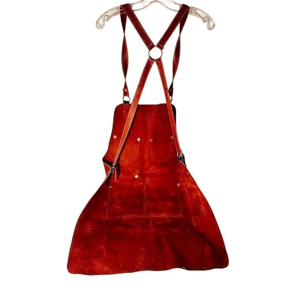 Hand Leather Cooking Work Apron in Brown & Black W White Topstitching Adjustable